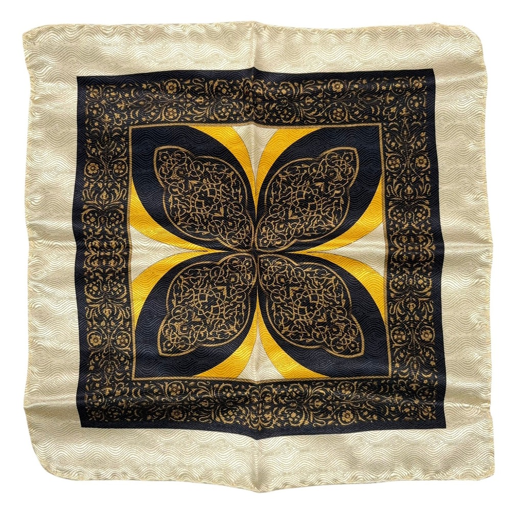 100% Silk Pocket Square Mens Cream Black Gold Medallion Jacquard Handmade Italy